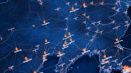 Shenyeng map big data visualization. Futuristic map infographic of city in China. Visual map data complexity in modern blue and orange colorsの写真素材