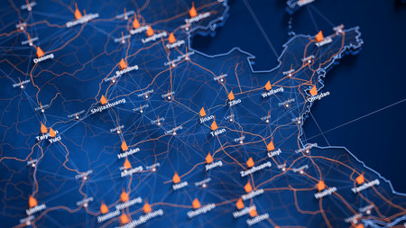 Jinan map big data visualization. Futuristic map infographic of city in China. Visual map data complexity in modern blue and orange colorsの写真素材