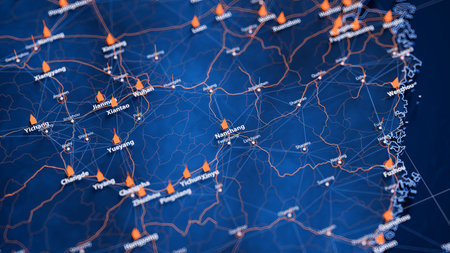 Nanchang map big data visualization. Futuristic map infographic of city in China. Visual map data complexity in modern blue and orange colorsの写真素材