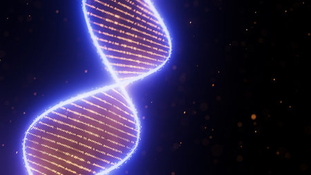Abstract Digital DNA Double Helix spiral with data flow background. Medical science concept of biotechnological AI or quantum computing. Futuristic technology genetic research.の写真素材