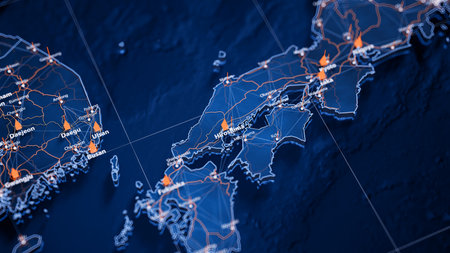 Hiroshima map big data visualization. Futuristic map infographic of city in Japan. Visual map data complexity in modern blue and orange colorsの写真素材