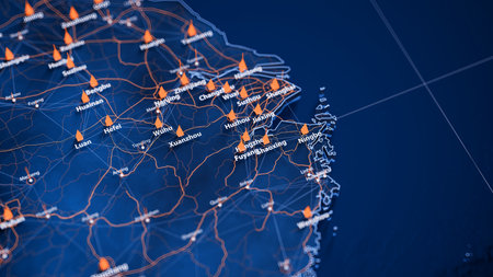 Hangzhou map big data visualization. Futuristic map infographic of city in China. Visual map data...