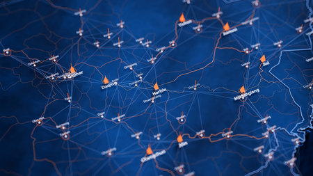 Harbin map big data visualization. Futuristic map infographic of city in China. Visual map data complexity in modern blue and orange colorsの写真素材