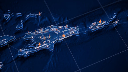 Santo Domingo map big data visualization. Futuristic map infographic of city in Dominican Republic. Visual map data complexity in modern blue and orange colorsの写真素材