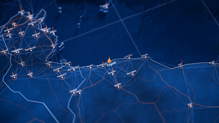 Tripoli map big data visualization. Futuristic map infographic of city in Libya. Visual map data complexity in modern blue and orange colorsの写真素材