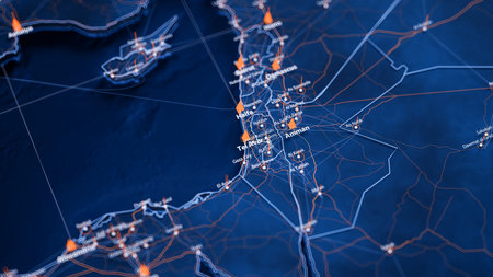 Tel Aviv map big data visualization. Futuristic map infographic of city in Israel. Visual map data...