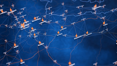 Kanpur map big data visualization. Futuristic map infographic of city in India. Visual map data complexity in modern blue and orange colorsの写真素材