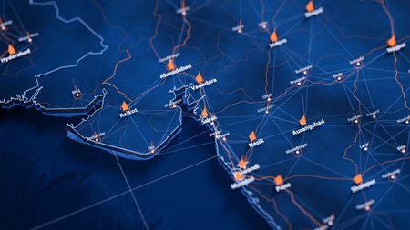 Surat map big data visualization. Futuristic map infographic of city in India. Visual map data...