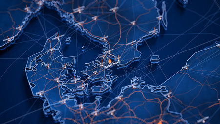 Kobenhavn (Copenhagen) map big data visualization. Futuristic map infographic of city in Denmark. Visual map data complexity in modern blue and orange colorsの写真素材