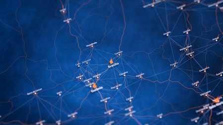 Brasilia map big data visualization. Futuristic map infographic of city in Brazil. Visual map data complexity in modern blue and orange colorsの写真素材