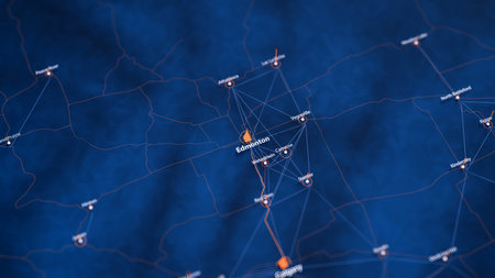 Edmonton map big data visualization. Futuristic map infographic of city in Canada. Visual map data complexity in modern blue and orange colorsの写真素材