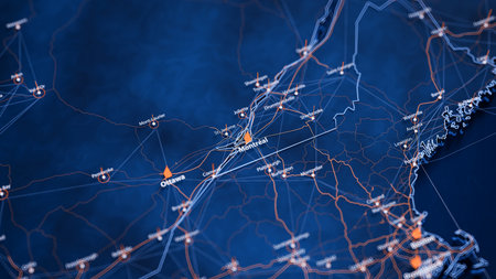 Montreal map big data visualization. Futuristic map infographic of city in Canada. Visual map data complexity in modern blue and orange colorsの写真素材