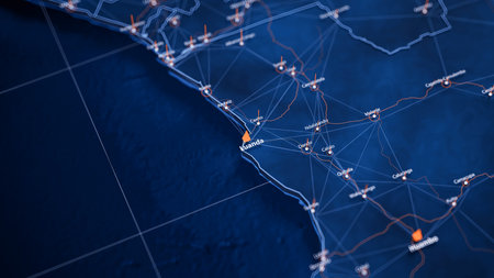 Luanda map big data visualization. Futuristic map infographic of city in Angola. Visual map data complexity in modern blue and orange colorsの写真素材