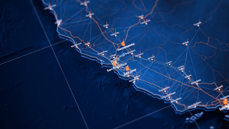 San Francisco map big data visualization. Futuristic map infographic of city in USA. Visual map data complexity in modern blue and orange colorsの写真素材