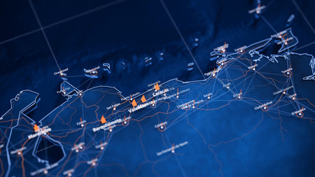 Caracas map big data visualization. Futuristic map infographic of city in Venezuela. Visual map data complexity in modern blue and orange colorsの写真素材