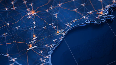 Houston map big data visualization. Futuristic map infographic of city in USA. Visual map data complexity in modern blue and orange colorsの写真素材