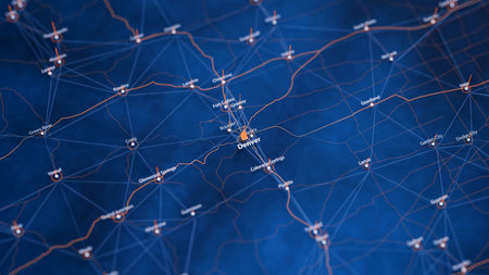 Denver map big data visualization. Futuristic map infographic of city in USA. Visual map data complexity in modern blue and orange colorsの写真素材