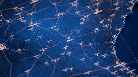 Atlanta map big data visualization. Futuristic map infographic of city in USA. Visual map data complexity in modern blue and orange colorsの写真素材