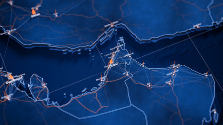 Dubai map big data visualization. Futuristic map infographic of city in United Arab Emirates. Visual map data complexity in modern blue and orange colorsの写真素材