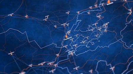 Tashkent map big data visualization. Futuristic map infographic of city in Uzbekistan. Visual map data complexity in modern blue and orange colorsの写真素材