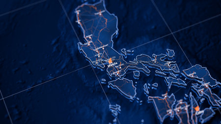 Manila map big data visualization. Futuristic map infographic of city in Philippines. Visual map data complexity in modern blue and orange colorsの写真素材