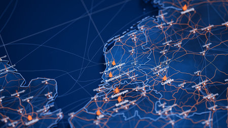 Amsterdam map big data visualization. Futuristic map infographic of city in Netherlands. Visual map data complexity in modern blue and orange colorsの写真素材