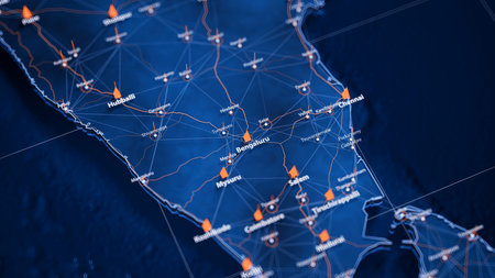 Bengaluru map big data visualization. Futuristic map infographic of city in India. Visual map data complexity in modern blue and orange colorsの写真素材