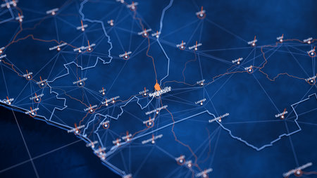 Kinshasa map big data visualization. Futuristic map infographic of city in Congo. Visual map data complexity in modern blue and orange colorsの写真素材