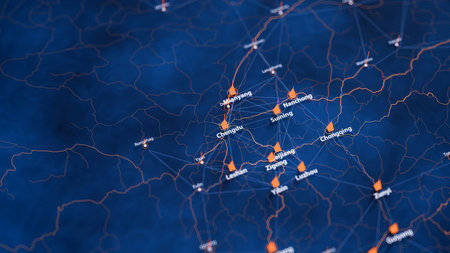 Chengdu map big data visualization. Futuristic map infographic of city in China. Visual map data complexity in modern blue and orange colorsの写真素材
