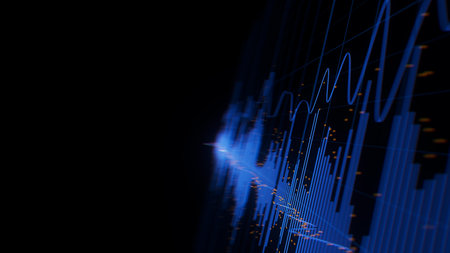 Closeup of Big Data sound complex graph background with shallow DOF. Cyber space of Audio AI technology. Futuristic graph. Digital audio information presentation.の写真素材