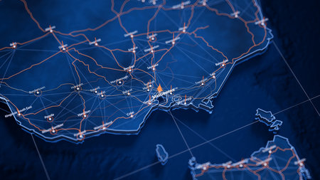 Melbourne map big data visualization. Futuristic map infographic of city in Australia. Visual map data complexity in modern blue and orange colorsの写真素材