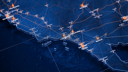 Los Angeles map big data visualization. Futuristic map infographic of city in USA. Visual map data complexity in modern blue and orange colorsの写真素材