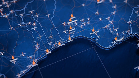 Lagos map big data visualization. Futuristic map infographic of city in Nigeria. Visual map data complexity in modern blue and orange colorsの写真素材