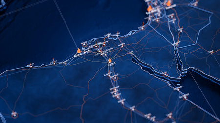 Cairo map big data visualization. Futuristic map infographic of city in Egypt. Visual map data complexity in modern blue and orange colorsの写真素材