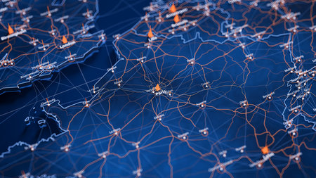 Paris map big data visualization. Futuristic map infographic of city in France. Visual map data complexity in modern blue and orange colorsの写真素材