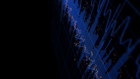 Closeup of Big Data sound complex graph background with shallow DOF. Cyber space of Audio AI...