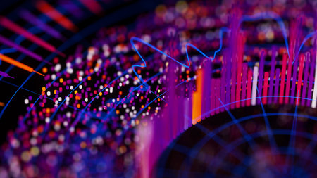 Closeup of Big Data complex round graph background. Top view on quantum computing universe. Cyber...