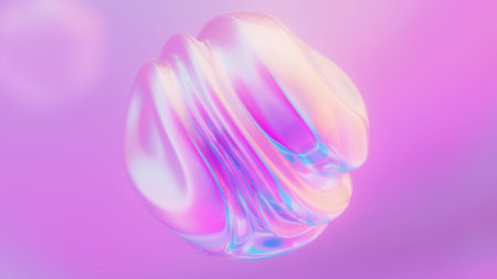 Holographic iridescent wavy deforming sphere. Liquid gradient color flow orb with ripples. Neon orb.の写真素材