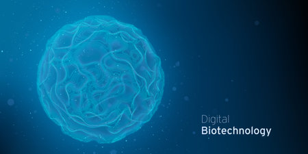 Abstract blue Virus Cell Cyber Technology illustration. Pathogen digital biotechnology futuristic concept. Biology innovative research backdrop.のイラスト素材
