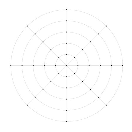 Black line radial grid texture with squares on white background. FUI science round grid backdrop. Math or technological notebook blank circular sheet.のイラスト素材