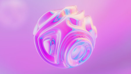 Holographic iridescent wavy deforming sphere. Liquid gradient color flow orb with ripples. Neon orb.