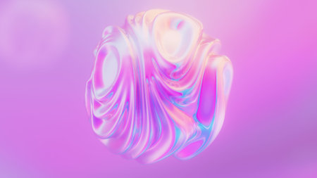 Holographic iridescent wavy deforming sphere. Liquid gradient color flow orb with ripples. Neon orb.の写真素材