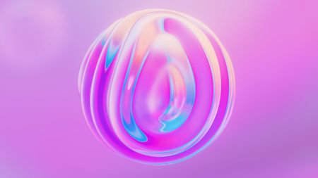 Holographic iridescent wavy deforming sphere. Liquid gradient color flow orb with ripples. Neon orb.