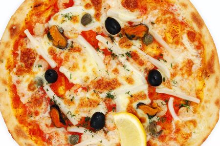 pizza with olives close up on a white background の写真素材