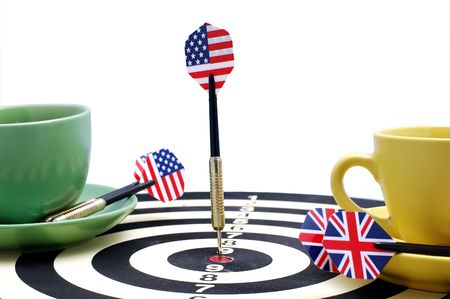 darts and coffee, in bright cups on a white background