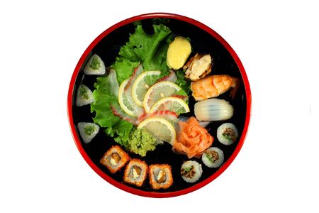 Sushy Allsorts On the Japanese dish isolated on a white background.の写真素材