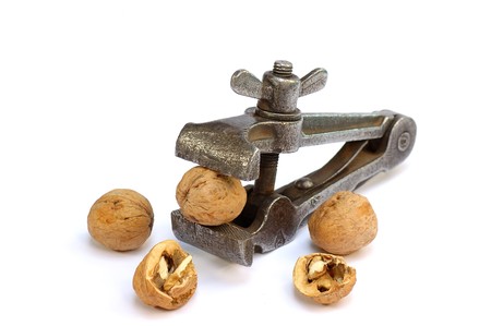 Vice with nuts close up on a white backgroundの写真素材