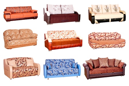Variants of various sofas of bright colors on a white backgroundの写真素材