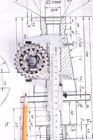 Close up of a calliper against the engineering projectの写真素材