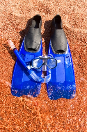 Set for swimming of dark blue colour ashore in red peepの写真素材